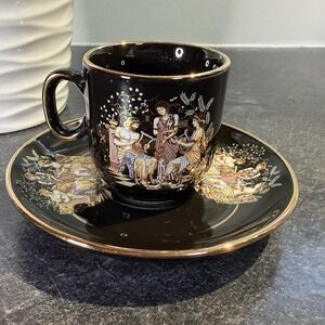 Fakiolas Black & 24K Gold Demitasse Cup and Saucer Handmade In Greece EUC